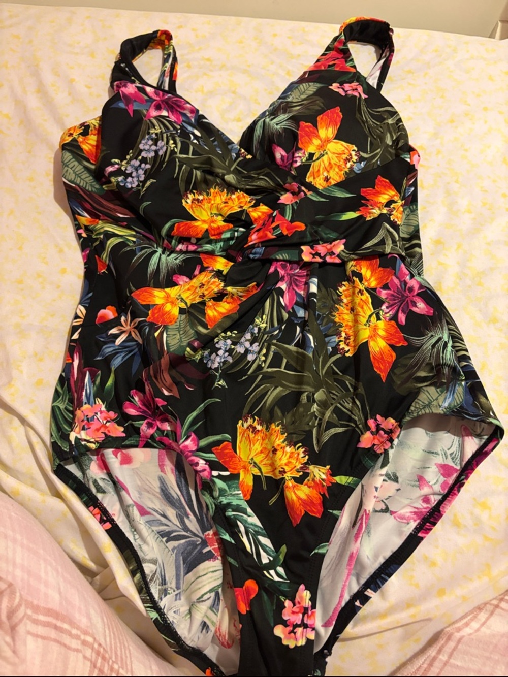 Floral Twist-Front One-Piece Swimsuit in Black with Vibrant Floral Print
